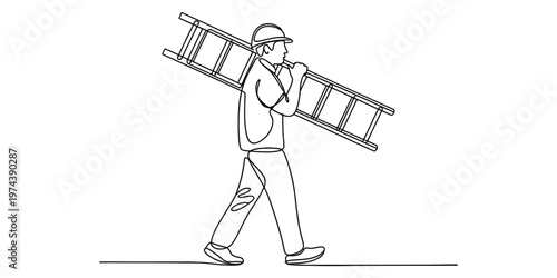 Continuous line drawing of a construction worker carrying a long ladder on his shoulder for work