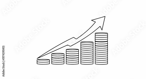 A hand-drawn graphic depicting a rising trend of stacked coins, with an arrow