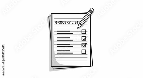 A hand-drawn grocery list on lined paper with a pencil and checkmarks