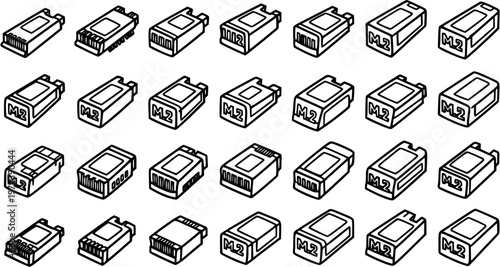 Black and White Line Art of M.2 SSD Drives, Technology Components