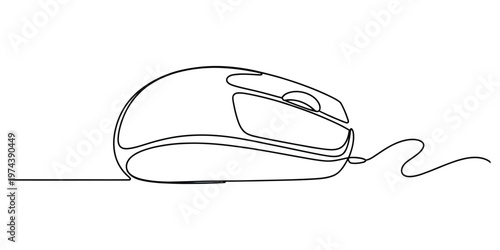 A single continuous line drawing of a computer mouse with a cord extending to the right side view