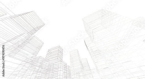 Architectural blueprint of modern city skyscrapers against a clear sky.