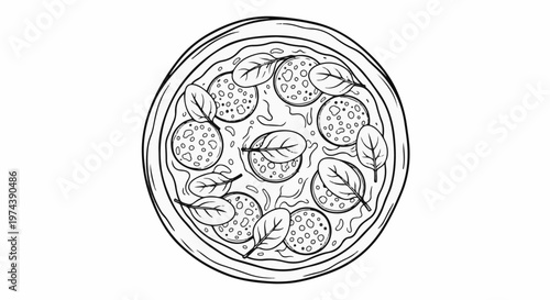 A hand-drawn illustration of a circular pizza with toppings