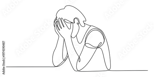 Continuous line drawing of a person sitting and resting their face in their hands in deep despair