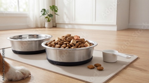 Dog food bowls with pet food and a measuring cup on a clean mat in a bright room