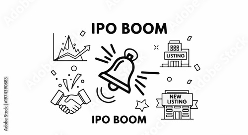 A graphic design showing a ringing bell, handshake, upward trending graph, and new listings