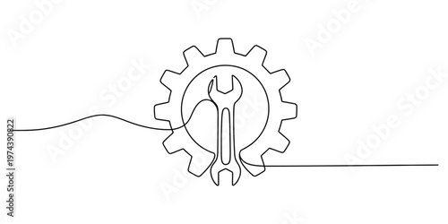 Continuous single line drawing of a mechanical gear and a wrench symbol for engineering concepts