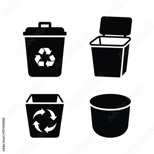 Black Trash Can and Recycling Bin Silhouettes garbage