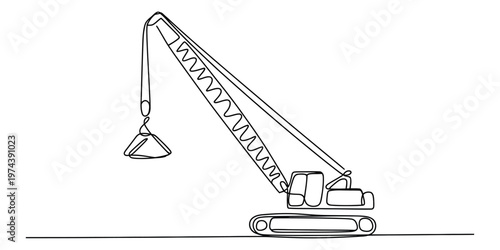 A detailed line drawing of a heavy duty crawler crane equipped with a lifting hook and grapple