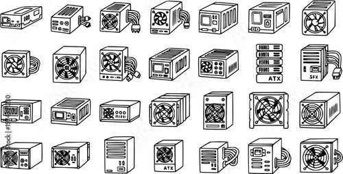 Black and White Line Art Icons of Computer Power Supply Units (PSUs) for Technology Niche