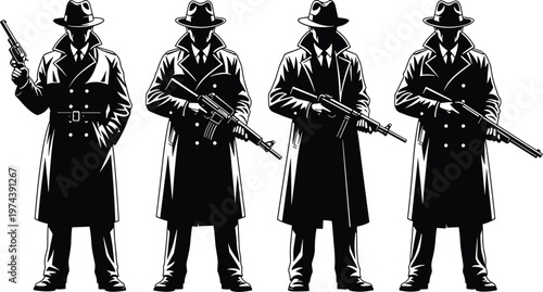 Gangster silhouettes, noir trench coats, mafia figures, weapon illustration, crime vector art, dark shadow design, vintage 1930s style, pulp fiction graphic