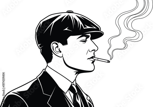 Vintage man silhouette, smoking figure, flat cap style, suit and tie vector, gangster illustration, noir shadow art, classic retro design