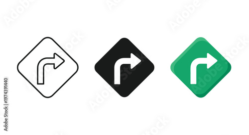 Three directional arrow signs showing a right turn in outline, black square, and green diamond shapes