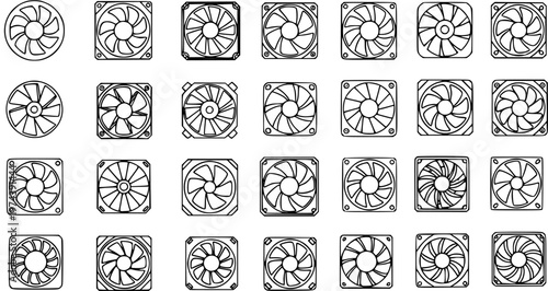 Photos Black and White Line Art Icons of Various Computer Fan Designs for Technology