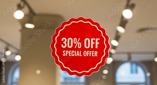 Red sale sticker with 30% off special offer text on store window, discount