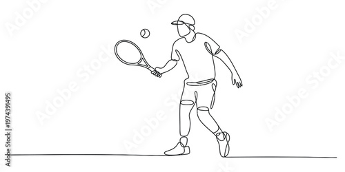 Continuous line drawing of a male tennis player hitting a tennis ball with a professional racket