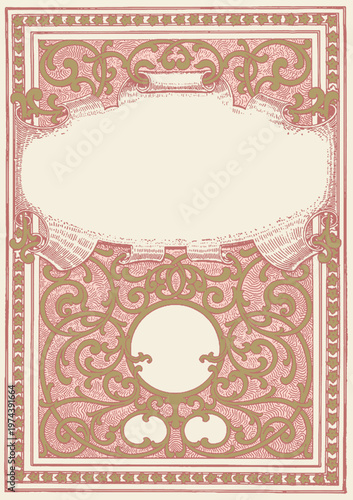 Vintage Ornamental Frame Engraving – Victorian Decorative Label Border with Scrollwork and Cartouche