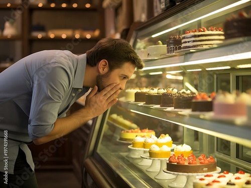 A customer chooses a cake in a pastry shop, a man looks at cakes and pastries in front of a glass display case