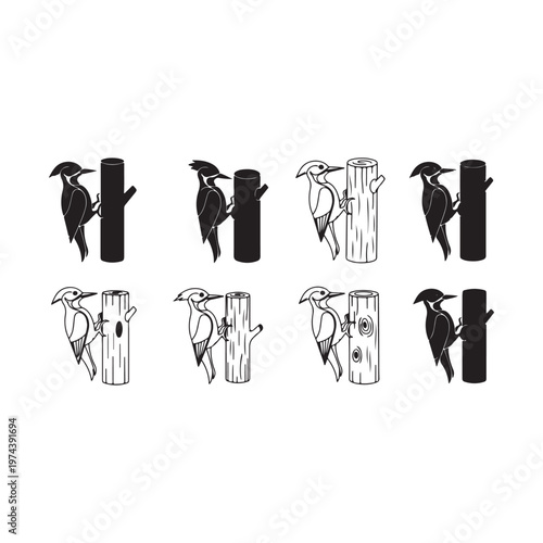Woodpecker Vector Icons. Bird Silhouette and Outline Illustrations Perched on a Tree Trunk. 
