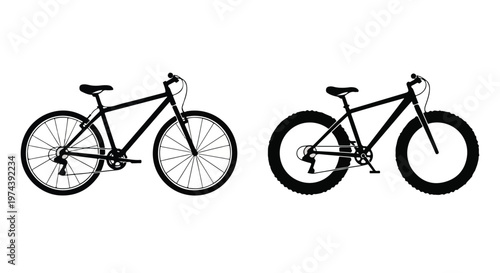 Two bicycles shown in silhouette, a standard mountain bike and a fat tire bike, on a white background