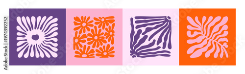 Set of floral Matisse art. Abstract silhouettes of flowers in square frames. Curved shaped plants with groovy leaves for interior decor. Botanical pattern in minimal style. Flat vector illustration