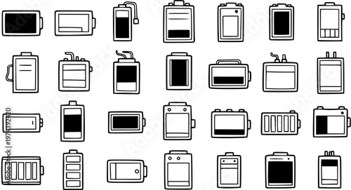 Technology and Energy Power Supply Icons Set. Hand-drawn Black  White Line Art Doodle Batteries and Accumulators Collection for Electronic Devices.