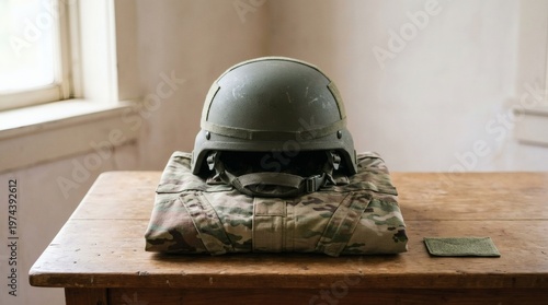 Military Helmet and Tactical Uniform Folded on Wooden Table, Army Gear Still Life with Natural Light Interior Scene