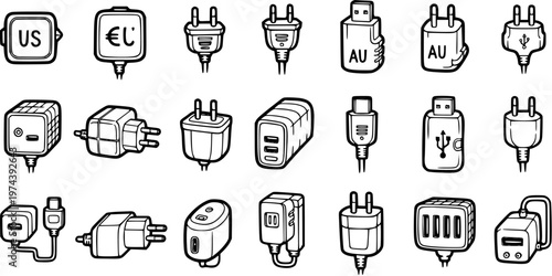 Technology Power Plugs, USB Chargers, and Electrical Adapters Outline Icon Set. Black and White Line Art Glyphs of Various International Connectors for Electronics.