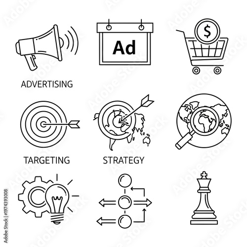 Marketing and advertising icons: megaphone calendar shopping cart target