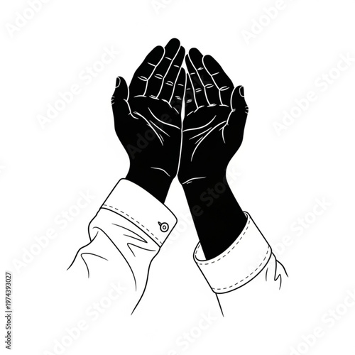 A minimalist black and white vector illustration of two hands clasped together in prayer or supplication