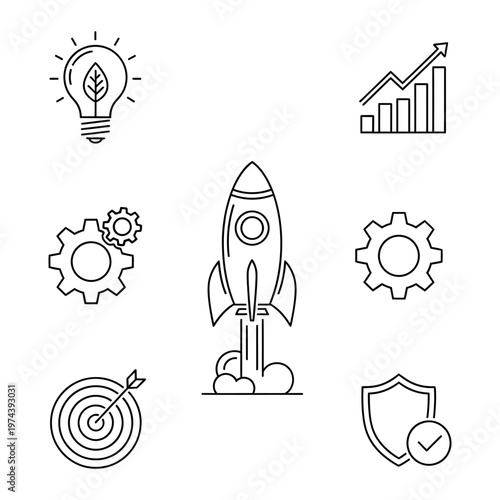 Startup and growth icons: rocket launch idea gears shield with innovation