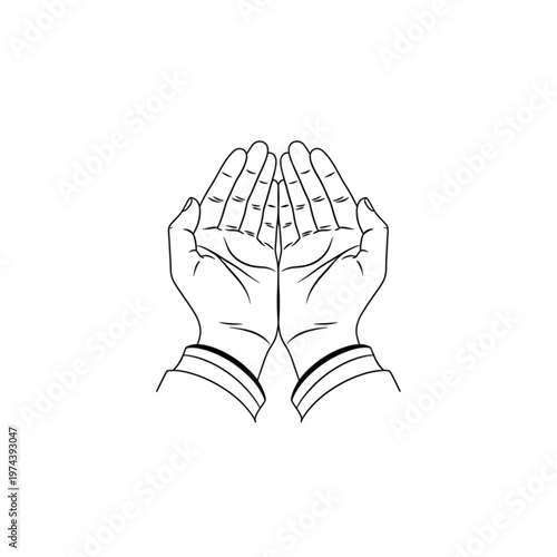 A minimalist line art illustration of two hands cupped together in prayer or supplication