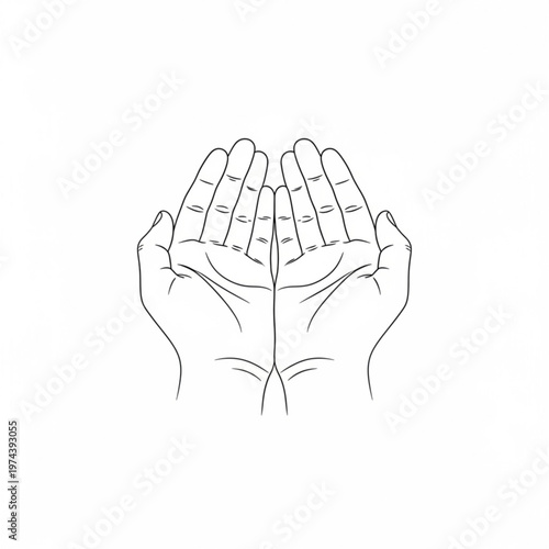 A minimalist line art illustration of two hands cupped together in a gesture of prayer or supplication