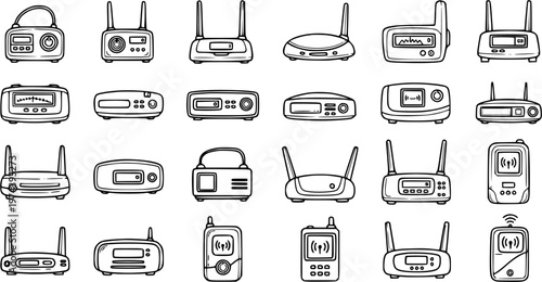 Black and White Line Art Collection of Wireless Routers, Modems, and Network Devices