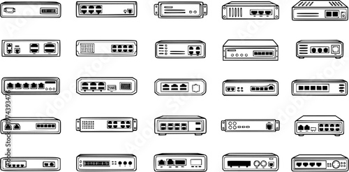 Technology Network Devices Line Art Icons Set - Routers, Switches, Modems  Hubs Glyph Collection for IT and Internet Communication