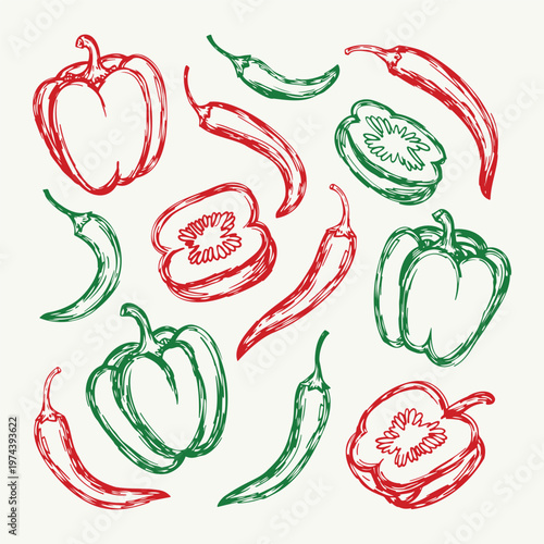 Pepper elements set outline sketch vector illustration