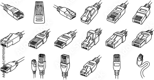 Black and White Line Art Vector Set of Ethernet Network Cable Connectors RJ45 Plugs