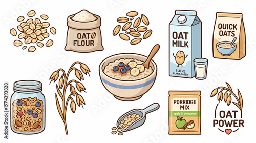 Comprehensive oat food and beverage vector set featuring milk carton porridge bowl and flour sack