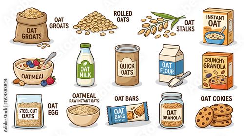 Detailed oat product vector set featuring oatmeal milk granola bars and organic grain varieties