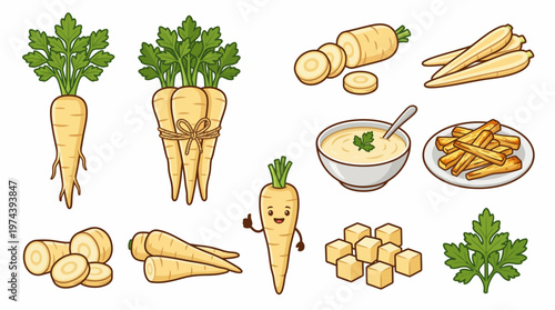 Comprehensive parsnip vegetable vector set with whole roots slices soup and roasted fries