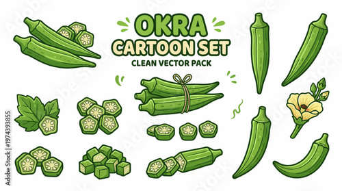 Comprehensive okra vegetable vector set with whole pods slices cubes and flower illustrations
