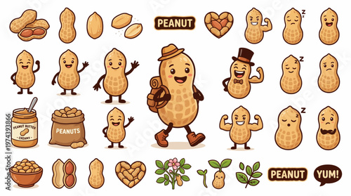 Cute peanut mascot character vector set featuring peanut butter jar and various legume poses
