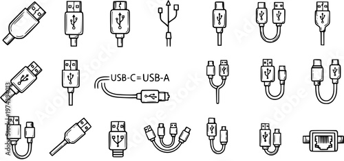 Black and White Line Art Icons of Various USB Connectors and Cables, Technology Vector