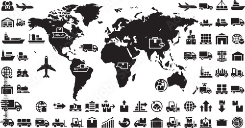 Global Logistics Icons, Transportation Symbols, World Map, 40 International Shipping Vector Graphics