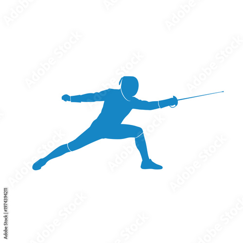 Fencer blue silhouette in lunge attack pose with sword