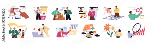 Business development concept set. Team is meeting, planning work, solving problems and achieving success. Employees do analysis, research and teamwork. Flat isolated vector illustrations on white