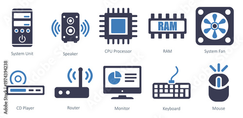 set of computer parts icons as monitor keyboard mouse