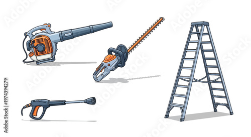 Garden and home maintenance equipment set on white background