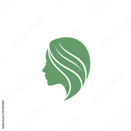 Green woman profile silhouette with leaf hair design
