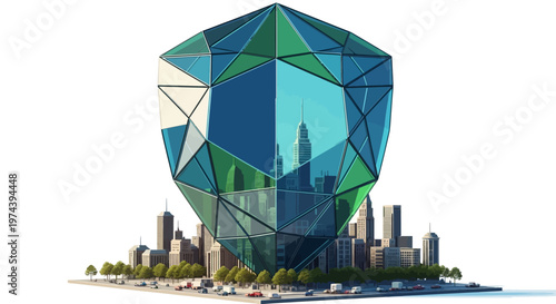 A futuristic geodesic dome rises above a modern cityscape with skyscrapers and trees on a sunny day.